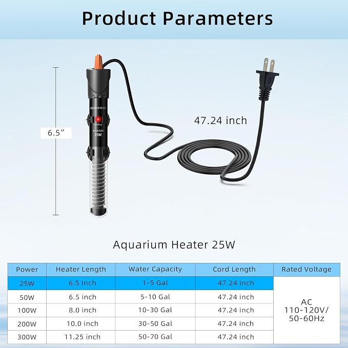 HiTauing Aquarium Heater 25W, Adjustable Knob Fish Tank Heater with 2 Powerful Suction Cups, Submersible Betta/Turtle Tank Heater for Freshwater and Saltwater Tanks
