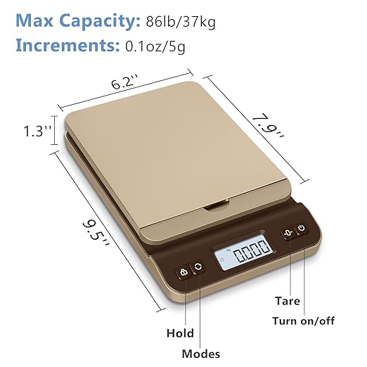 QP Digital Shipping Postal Scale, 86lb/0.1oz Accuracy Postage Scale with Hold/Tare Function, LCD Display, Flip-up Holder Package Scale, UPS Postal Scale for Packages, Battery & Tape Measure Included