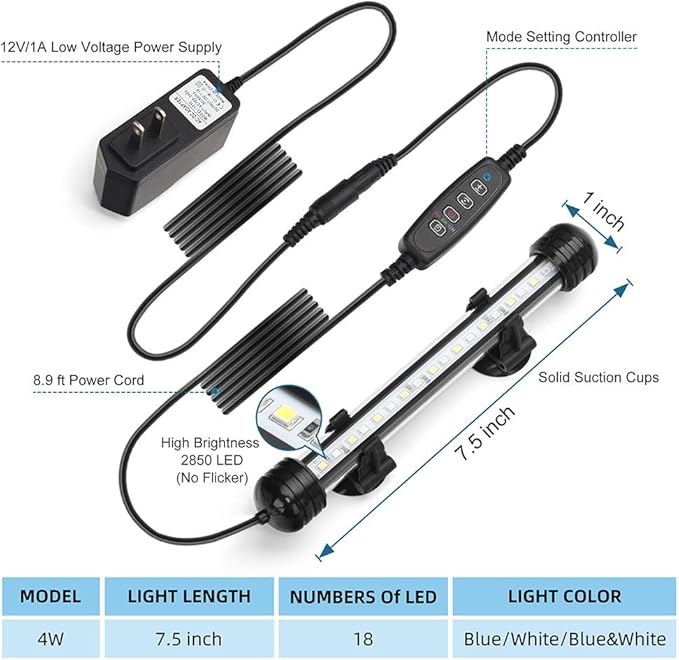 LED Submersible Aquarium Light 4W Underwater Fish Tank Light with Blue White&Blue and White Three Light Modes Timer Automatic On/Off and Dimmer Brightness Adjustable (7.5inch)