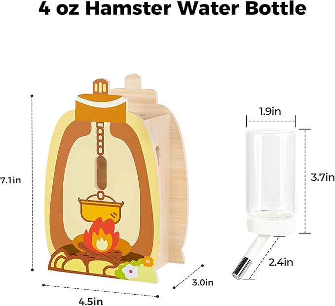 Mni&moe Hamster Water Bottle for Glass Tank – 4 oz Guinea Pig Water Bottle No Drip with Wooden Holder Small Animal Water Dispenser Hamster Cage Accessories for Rats, Chinchilla, Gerbils