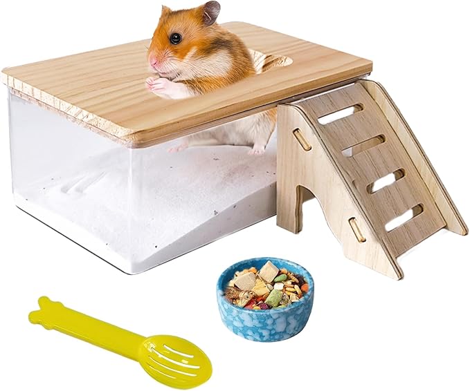 Hamster Sand Bath Box, Transparent Small Animal Bathroom & Digging Container with Ladder and Bowl for Hamsters Mice Lemming Gerbils or Other Small Pets
