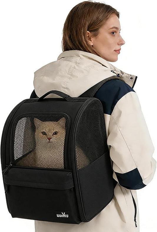 wakytu Cat Carrier Backpack,Steel Wire Frame More Stable,600D Wear-Resistant Oxford Fabric, Dog Carrier Cat Backpacks Suitable for Travel,Black