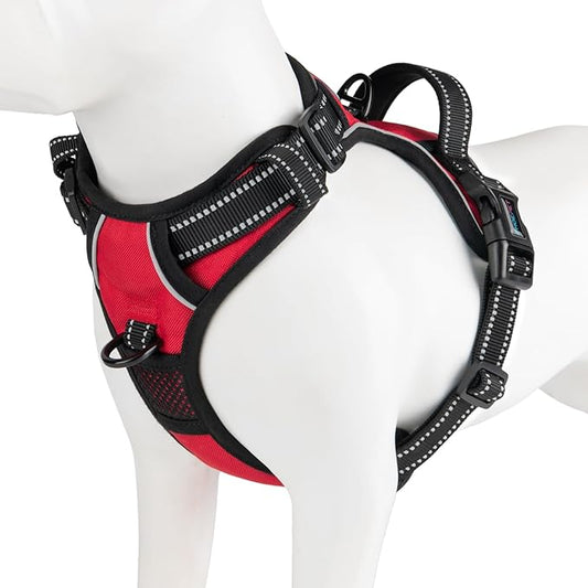 PHOEPET No Pull Dog Harness Medium Reflective Front Clip Puppy Vest with Handle,Adjustable 2 Metal Leash Attachment Hooks(M, Red)