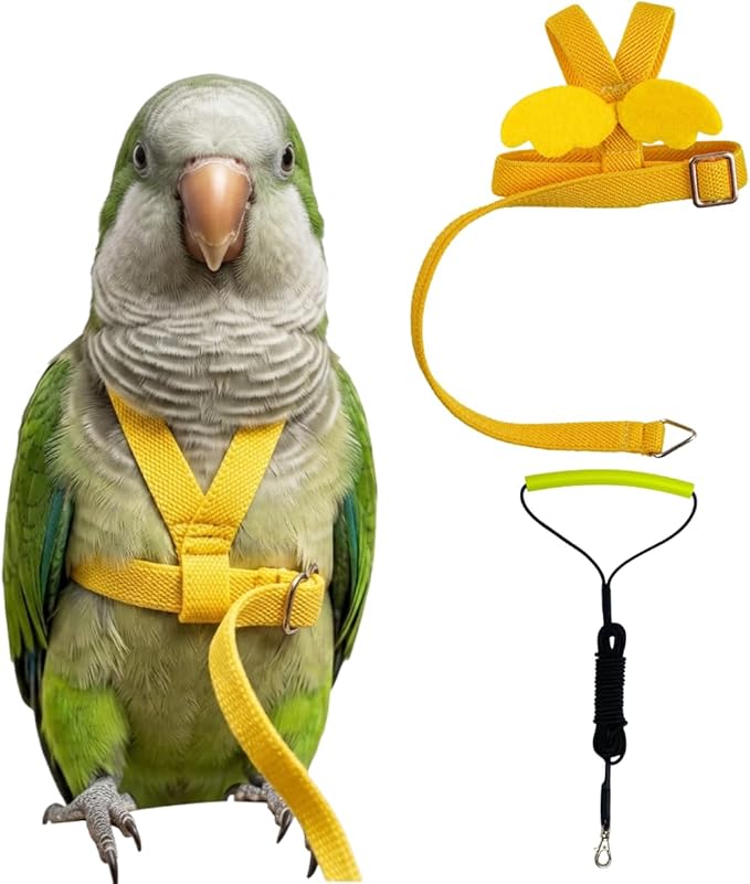 Adjustable Bird Harness with Elastic Leash, Pet Parrot Harness and Leash, Adjustable Training Design Anti-Bite, Bird Nylon Rope with Cute Wing for Conure (Yellow,L)