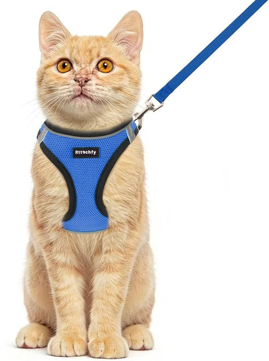 Rttochfy Cat Harness and Leash Set, Escape Proof Kitten Harness, Soft and Breathable Vest with Reflective Strip, Easy to Wear for Cats Walking and Traveling (BK Blue, S)