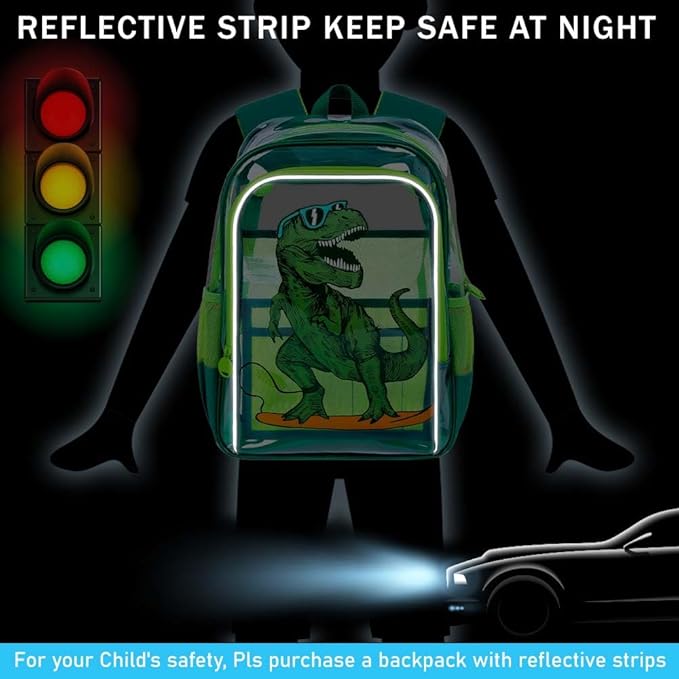 AGSDON 3PCS Clear Backpack for Boys, 16" Dinosaur Transparent Bookbag Heavy Duty, See Through Backpacks with Lunch Bag- Green Dinosaur