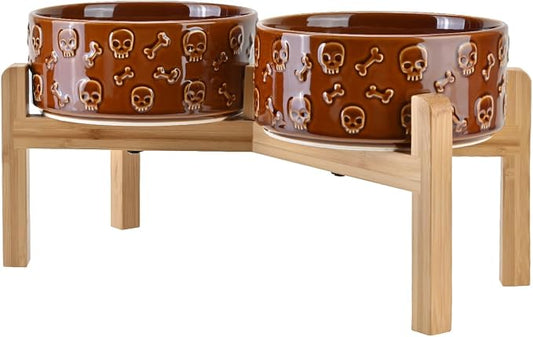 SPUNKYJUNKY Elevated Dog Bowls Ceramic, 7.3'' Dogs Food Water Bowls Raised with Non-Slip Bamboo Stand for Medium to Large Sized Breed Microwave Dishwasher Safe - 42 OZ,Skull Bronze