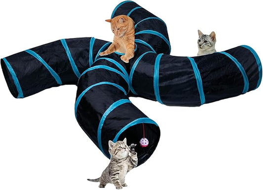 EGETOTA Cat Tunnel for Indoor Cats Large, with Play Ball S-Shape 4 Way Collapsible Interactive Peek Hole Pet Tube Toys, Puppy, Kitty, Kitten, Rabbit (S4 - Black & Blue)