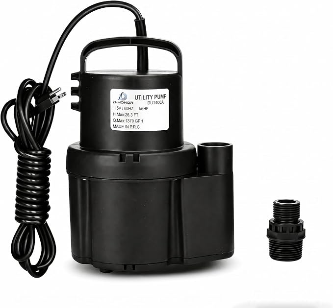 D-HONOR Submersible 1/6 HP 1370GPH, Sump Pump Submersible for Clean Water | Electric Utility Pump with 1" Water outlet and 3/4" Garden Hose Adaptor for Swimming Pool Garden Pond Draining