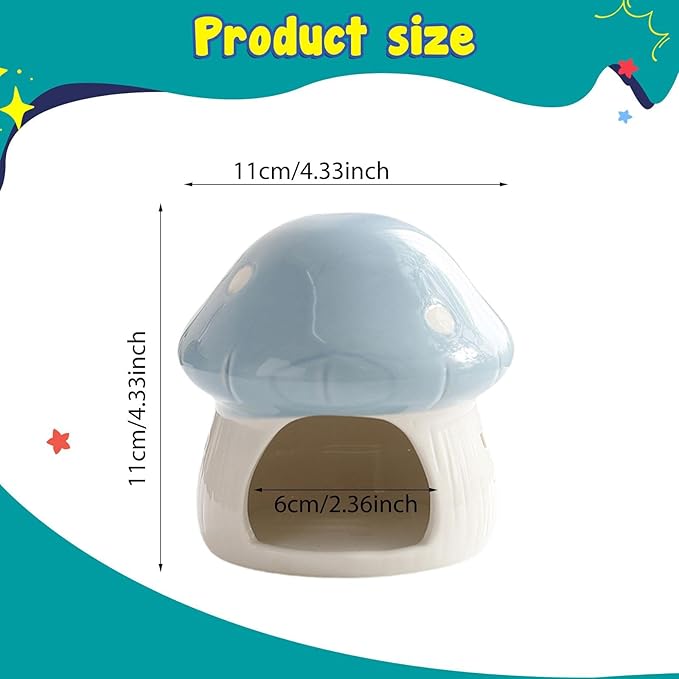 Ceramic Hamster House Hamster Hide Bed Cartoon Indoor Mushroom Shaped Cave Guinea Pig Hideout for Rats Small Pets Accessories, Blue