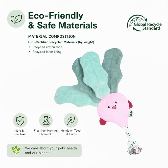 Green Sheep Interactive Plush Dog Toy, No Stuffing Squeaky Toy with Recycled Cotton Rope for Medium to Large Dogs,Radish