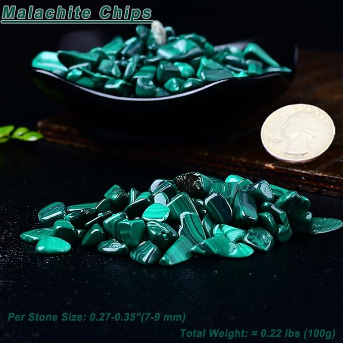 Erliway 100g Natural Malachite Crystal Chips 7-9mm Tumbled Stones | Small Crushed Crystal Stone, Polished Crystals Chips for Fish Tank, Healing Tumbled Rocks for Reiki Jewelry Making Home Décor