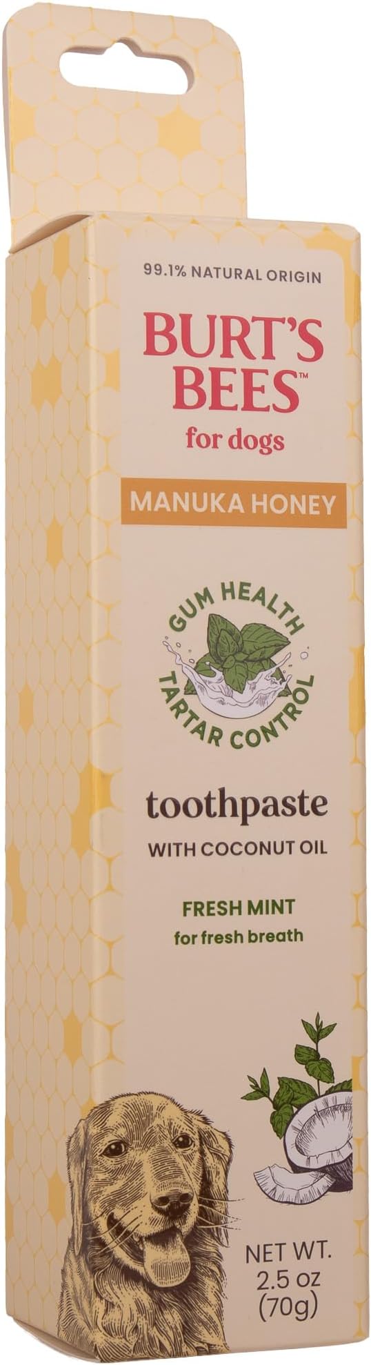 Burt's Bees for Pets Fresh Mint Dog Toothpaste with Manuka Honey and Coconut Oil for Gum Health & Tartar Control, 99.1% Natural Origin Formula, Fluoride-Free, Fresh Mint Flavor, 2.5 Oz