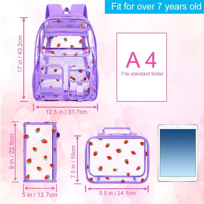 CCJPX 3Pcs Clear Backpack for Girls, School Transparent Bookbag, Heavy Duty See Through Backpacks for Teens Elementary