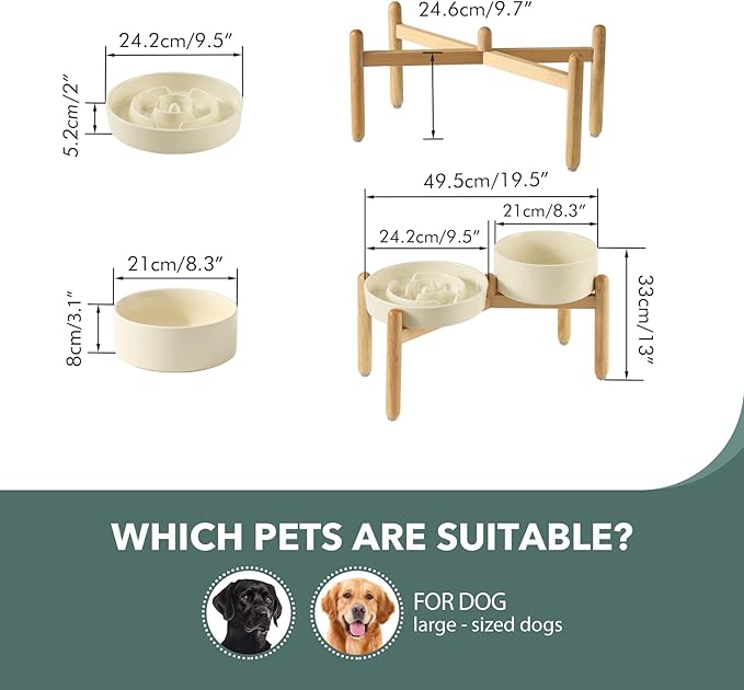 Havniva 3.2 Cup Ceramic Raised Slow Feeder Dog Bowl Set, Elevated 8.2inch Bowl and 9.5inch Puzzle Slow Food Dish with Wooden Stand for Large Dog, Anti-Gulping (2 xLight Yellow+ Stand)