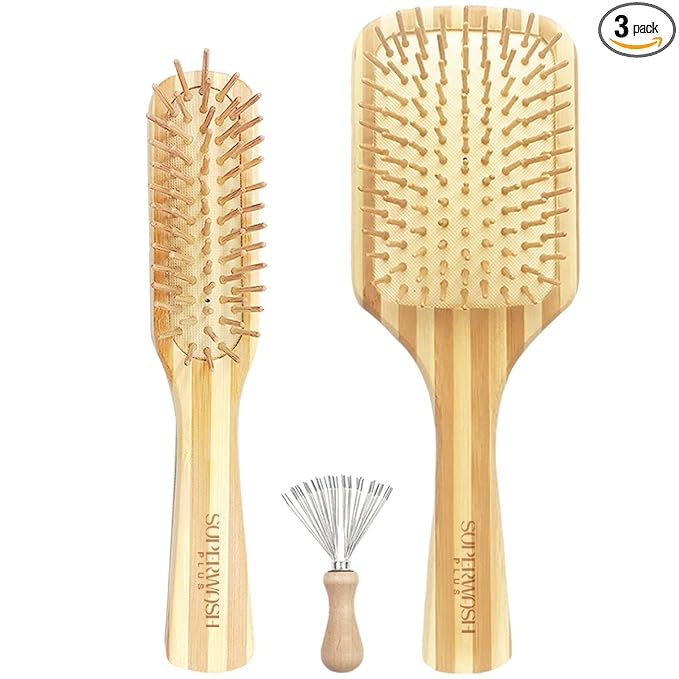 Hair Brush Set for Women & Men, Natural Bamboo Bristles Wet Dry Flat Paddle Detangling Bamboo Brushes Fit All Types Hair, Brush Cleaner Tool included - 3 Pack