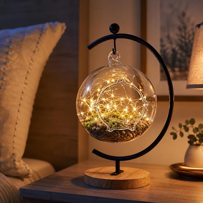 Terrarium Globe Kit, 4.7" Hanging Terrarium for Plants | Small Floating Garden with Wooden Display Stand for Succulents, Indoor Nature Decor, Easy Assembly, Gift for Plant Lover