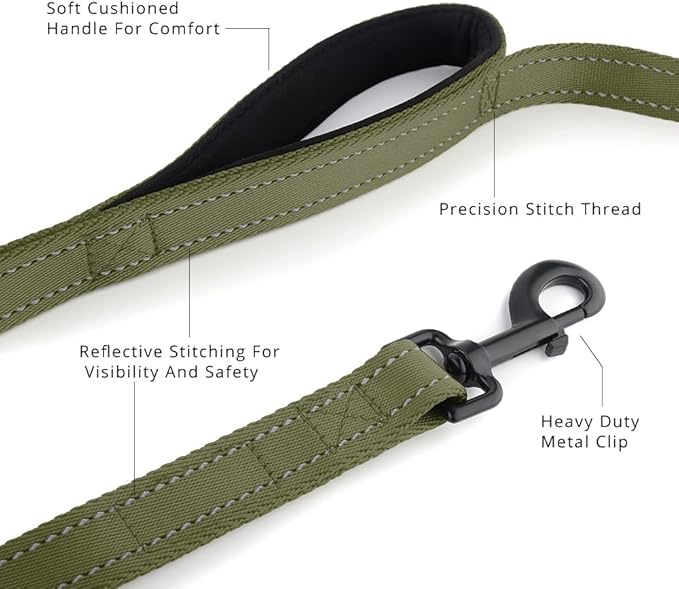 Plutus Pet Double Handle Dog Leash 4ft, Heavy Duty, Reflective Dual Handle Dog Leash for Safety Training, for Medium Large Dogs,2 Handle Leads, Ranger Green