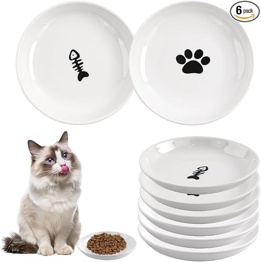 6 Pack Cat Food Bowl, Ceramic Cat Bowls, Anti Whisker Fatigue Cats Bowl Set,5.5 Inches Shallow Wide Kitten Plates for Food and Water (White-A)