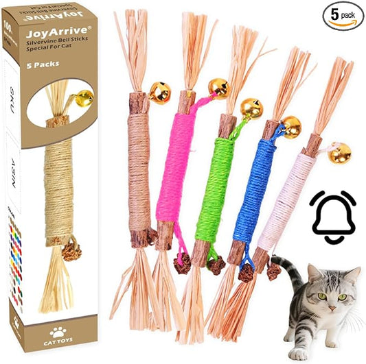 Natural Dried Matatabi Cat Chew Stick with Gall Fruit, Raffia Grass & Bell Cat Ball Toys, Handmade Silvervine Sticks Interactive Catnip Toys for Teething & Entertainment (Size M Color G)