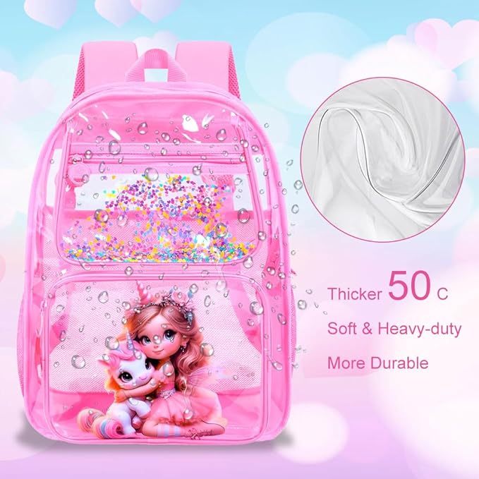 Clear Backpack for Girls and Boys, Kids Transparent Bookbag, 3PCS Cute See Through School Bag for Elementary Prechool