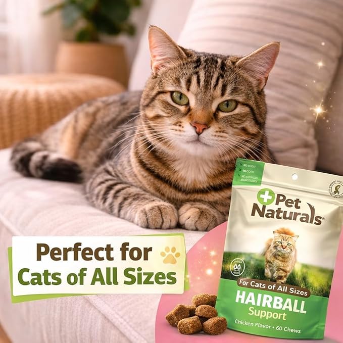 Pet Naturals Hairball Relief for Cats, 30 Chicken Liver Flavored Soft Chews, Hairball Treatment with Psyllium, Omega 3 & 6, Zinc and Biotin, Supports Digestion & Skin Coat, No Corn or Wheat