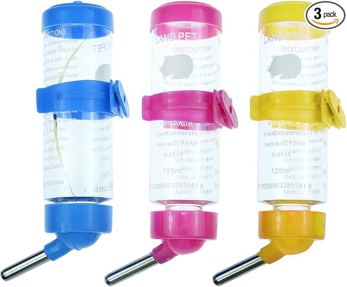 3 Pack Hamster Water Feeder Bottle, 125 ml No-Drip Small Animals Water Dispenser, Pet Hanging Water Bottle for Guinea Pigs, Bunny, Chinchillas, Rabbit