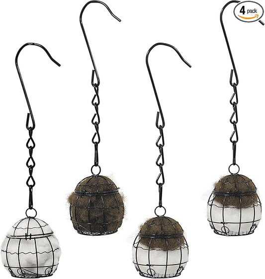 4PCS Bird Nesting Material Holder with 4PCS Nesting Cotton - Rust-Resistant Metal Hanging Nesting Balls for Outdoor Garden, Patio, Tree - Ideal for Hummingbirds, Finches, Canaries & Other Small Birds
