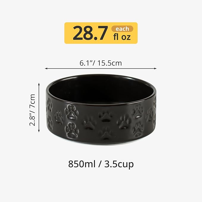 Ceramic Dog Bowl Set, Double Bowls, Non-Slip, 6 inch, Black | Microwave and dishwasher safe ceramic bowls, 3.5 cup capacity for food and water, easy to clean, for small to medium dogs