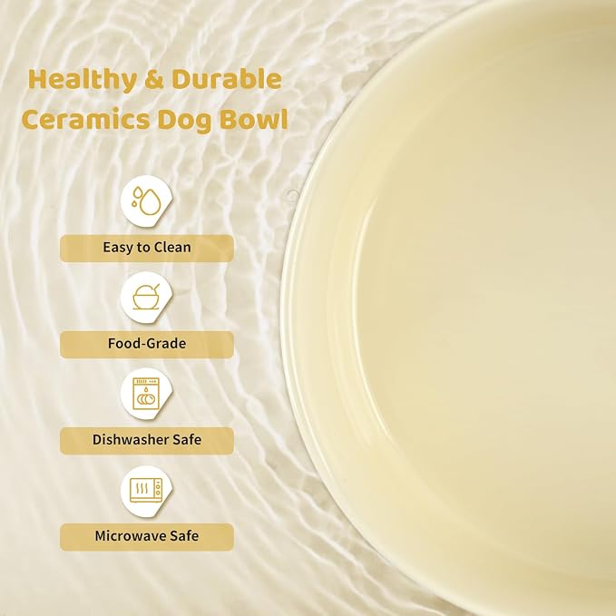 SPUNKYJUNKY Ceramics Raised Dog Bowl with Wooden Stand - Double 28.7OZ Cream White Bowls for Small Medium Dogs