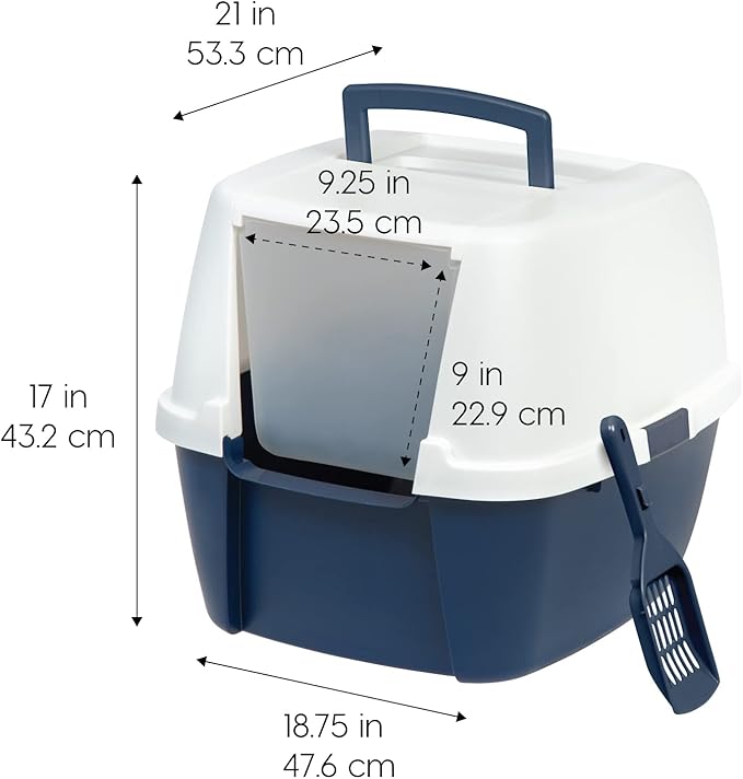 IRIS USA Cat Litter Box Large with Front Door Flap, Covered Enclosed Litter Box Enclosure with Scoop, Handle & Buckles for Portability & Privacy, Hidden Litter Pan, Navy