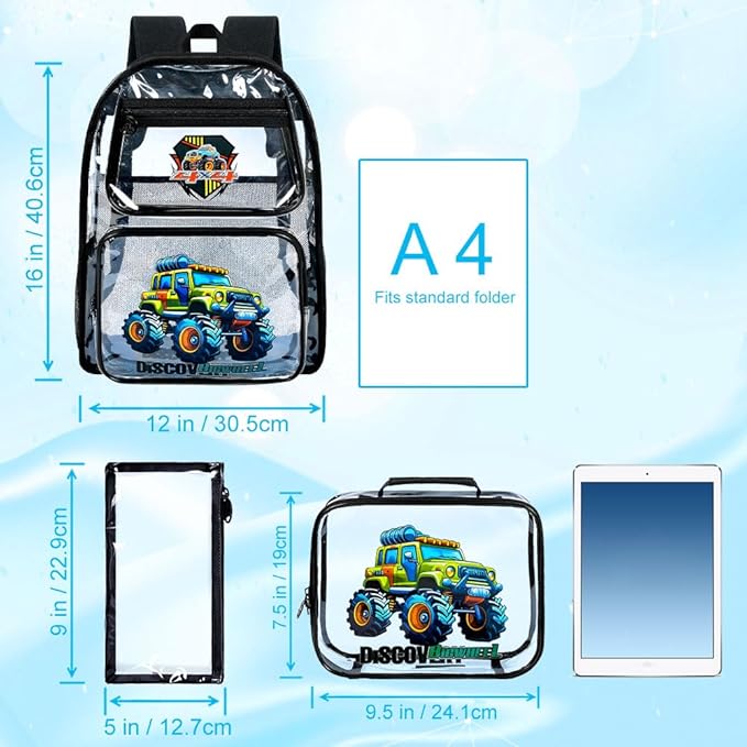 Clear Backpack for Girls and Boys, Kids Transparent Bookbag, 3PCS Cute See Through School Bag for Elementary Prechool