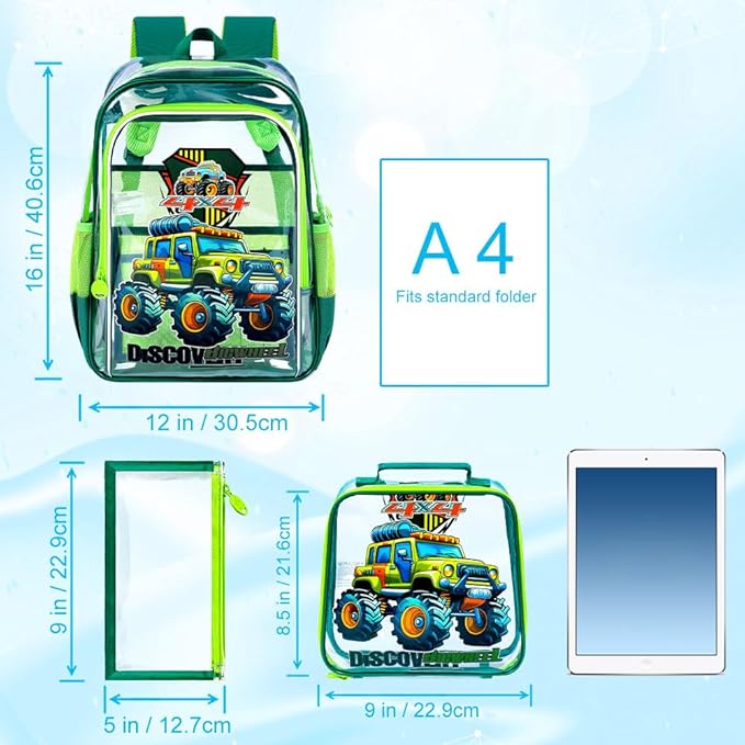 Clear Backpack for Girls and Boys, Kids Transparent Bookbag, 3PCS Cute See Through School Bag for Elementary Prechool
