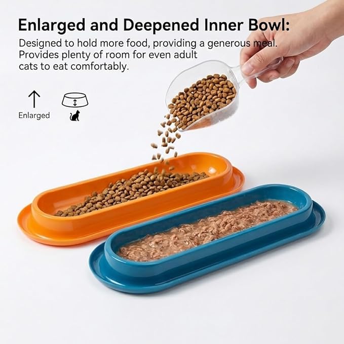 Multi-Cat Home 4-Pack, Long Pet Food Bowls, Large Capacity Non-Slip Easy Clean Dishes for Indoor & Outdoor Feeding (Orange, Dark Blue, Yellow, Lake Green)