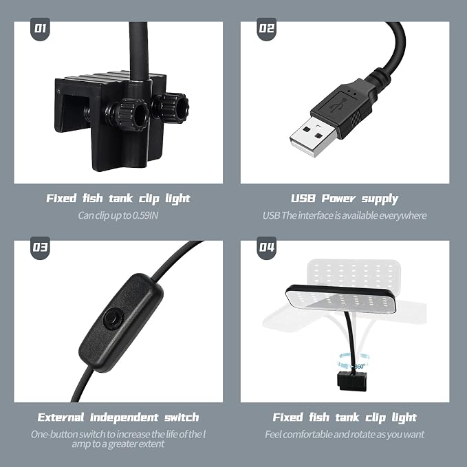 Small Aquarium Clip-On LED Light | 8W full-spectrum planted light with clamp, 4.53" for 3-6 gal tanks,USB-powered, white LED