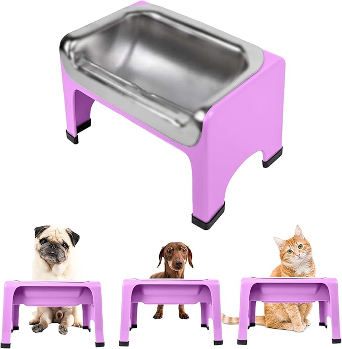 Fluff Trough 7.25 Inch Tall Elevated Dog Bowls Stainless Steel Raised Dog Bowl with Stand Holds 2 Cups Pet Food Vet Recommended, Dishwasher Safe Feeder Station