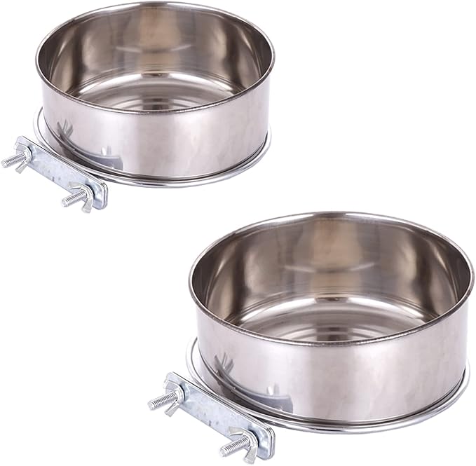 2 Packs, Pet Food Water Bowl with Clamp Holder Stainless Steel Coop Cup Hanging Feeder for Dog Bird Parrot Cat Rabbit, L&XL