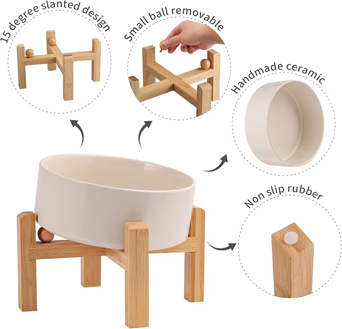 Elevated/Raised 15°Tilted Anti Slip Ceramic Dog Bowl for Small/Medium Breeds,Slanted Bulldog Big Face Pet Food Water Feeding Dish with Stand for Cats and Dogs (3.6 Cups/28 OZ) Beige