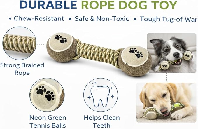 Interactive Rope Dog Chew Toy with Tennis Balls – Durable Cotton Tug & Fetch Toy for Puppies and Small to Large Dogs