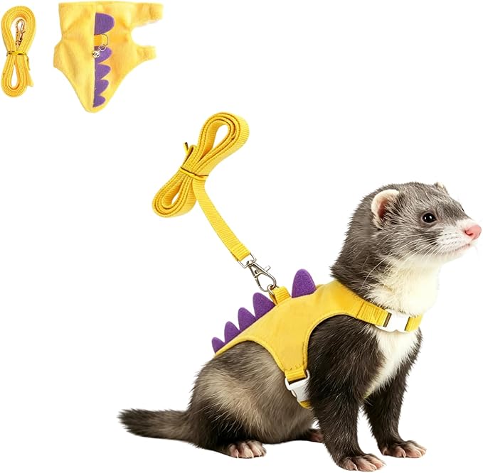 Ferret Harness and Leash Set Cute Dinosaur Design Soft Mesh Small Pet Harness Vest with Safe Bell Walking Clothes for Small Animals Ferret Rabbit Guinea Pig Squirrels (Yellow)