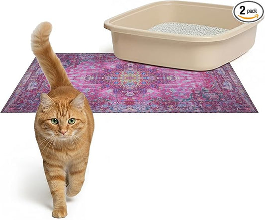 Lovewag Pets Cat Litter Box Mats 2 Pack - Small 16x24 Machine Washable, Easy Clean, Non-Slip, Waterproof Mats for Indoor Cats - Kitty Litter Mess Control & Pet Urine Floor Protection (Mystic Fuchsia)