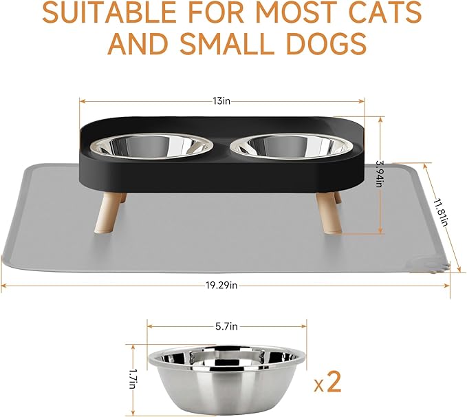 Elevated Cat Bowl with Food Mat, Raised Cat Food and Water Bowl Set for Indoor Cats, Splash Proof with 2 Stainless Steel Pet Food Bowls for Cats and Puppies,Whisker Fatigue and Dishwasher Safe (Black)
