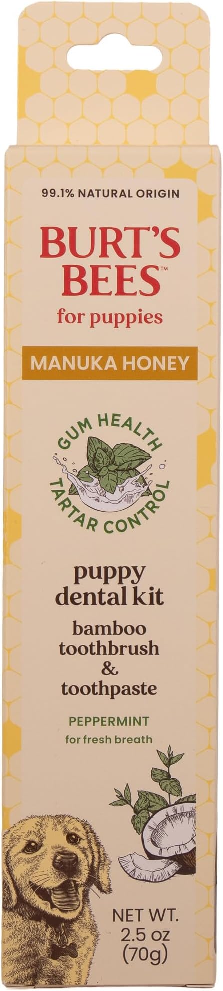 Burt's Bees for Pets Peppermint Puppy Dental Kit with Bamboo Toothbrush & Puppy Toothpaste, Manuka Honey & Coconut Oil for Gum Health, Tartar Control, 99.1% Natural Origin Formula, 2.5 Oz