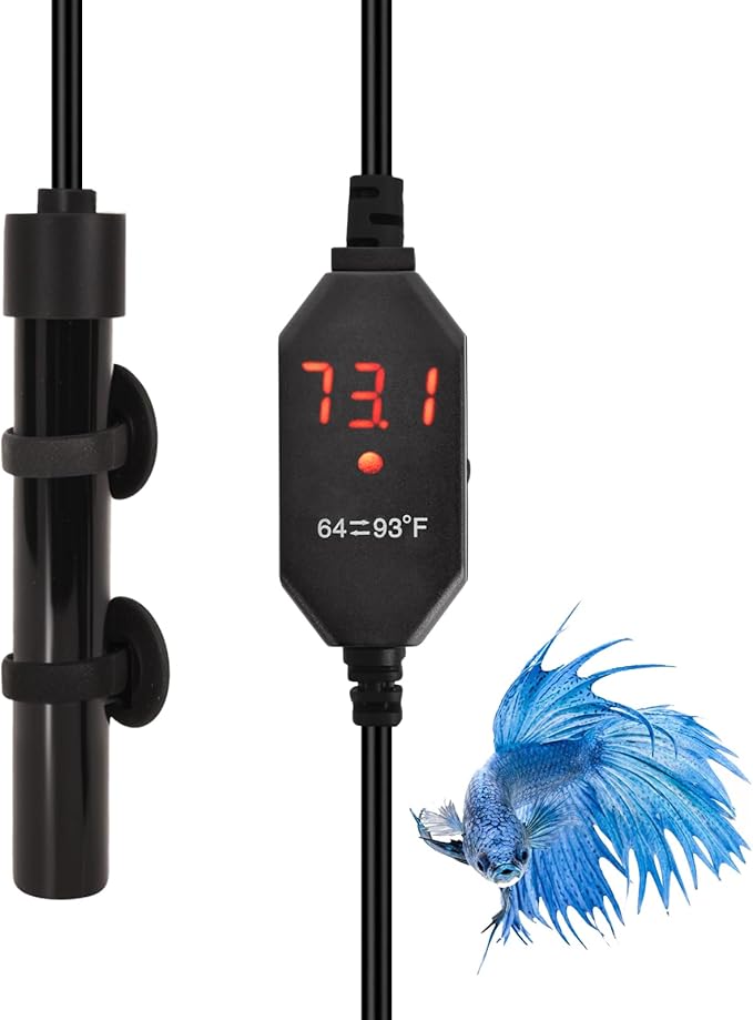 YOFOTHS Mini Aquarium Heater Alumina Ceramic, 25W Digital Display Thermostat, Compact Thumb-Size Fish Tank Heater with Temperature Control for 3-5 Gallon Betta Tanks (25W)