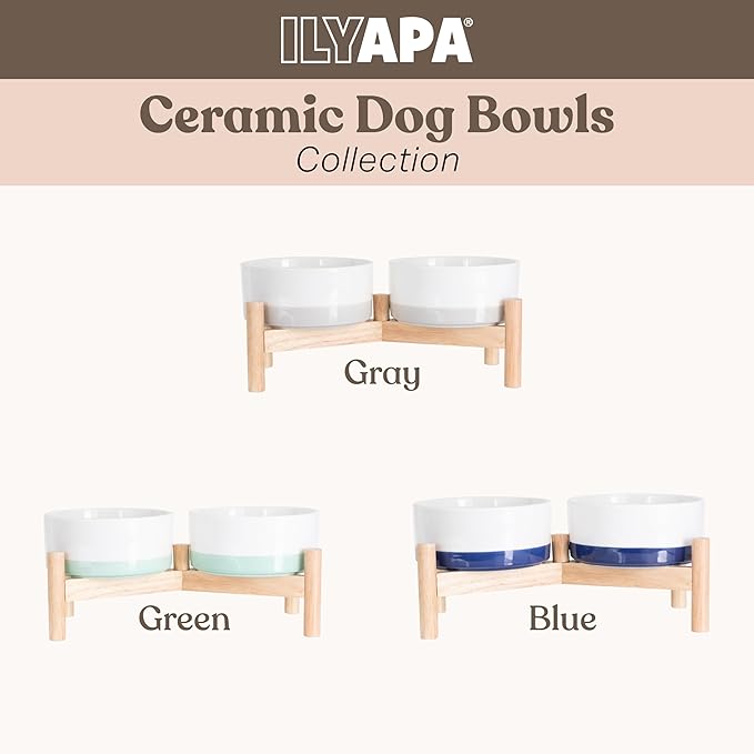 Ilyapa Ceramic Dog Bowls - Elevated for Medium Sized Pet with Raised Food and Water Set - Gray Double 6 inch, 28 Oz Bowls & 13x6.3x5.5 Wooden Stand