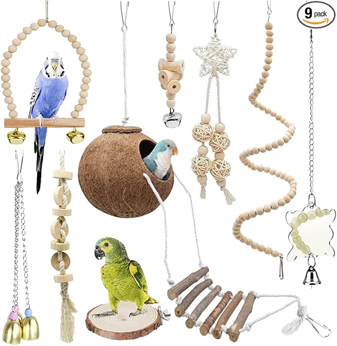 9-Piece Parrots Chewing Toy Set - Natural Wood & Rope Bungee Toys for Anchovies, Coconut Hideaway with Ladder, Bird Perch Stand, Cage Accessories for Parakeets, Cockatiel, Conure, Mynah, Macaw