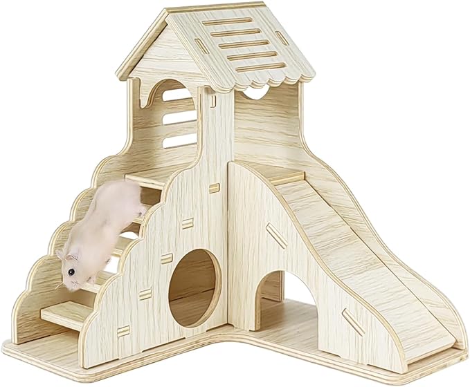 Wood Hamster Hideout House Habitat Wooden Maze Hide Hut with Climbing Ladder and Platform Cage Accessories Toys for Dwarf Gerbils Mouse Mice Rat Other Small Animals etc. (01 Right Angle House)