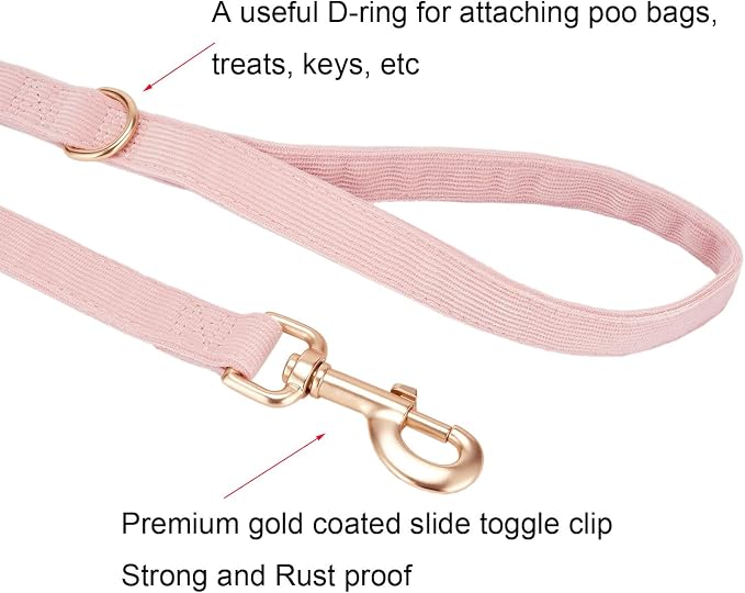 Soft Corduroy Dog Collar and Leash Set Adjustable Durable Dog Collars with Metal Buckle and Lead for Female Medium Dogs,Baby Pink