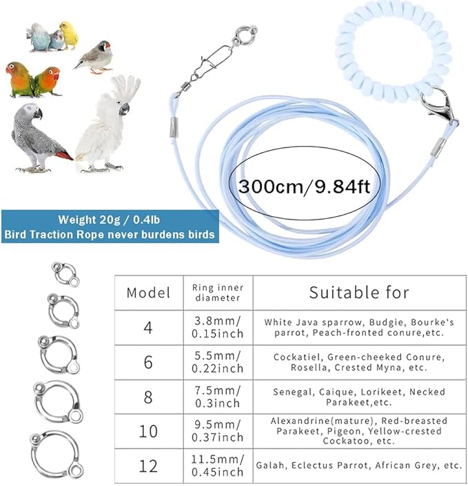 OULIGET Parrot Flying Training Rope with 5 Size Bird Foot Ring,Outdoor Flying Kit Bird Traction Rope,Training Toy Prevent Escaping for Cockatiels Birds Pigeon