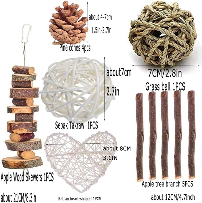 ANDES Rabbit Chew Toys, Pet Bunny Tooth Chew Toys Organic Natural Apple Wood Grass Cake Ideal for Bunny, Chinchilla, Guinea Pigs, Hamsters Teeth Grinding, Bird Exercise Molar (13PCS)